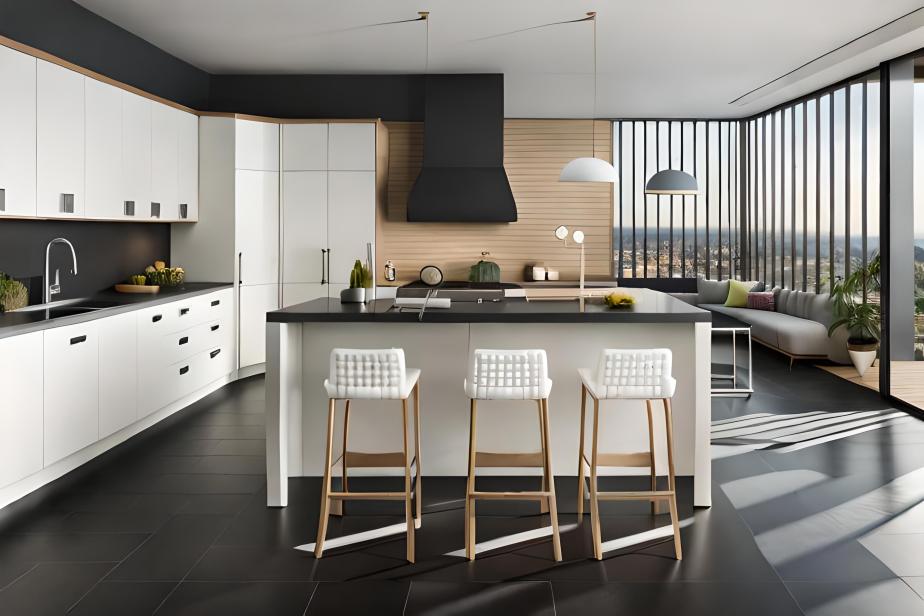 Black tiles in a contemporary kitchen with white cabinets