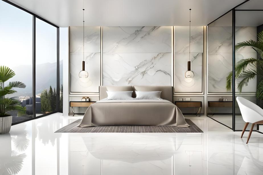 Luxurious bedroom with marble tiles
