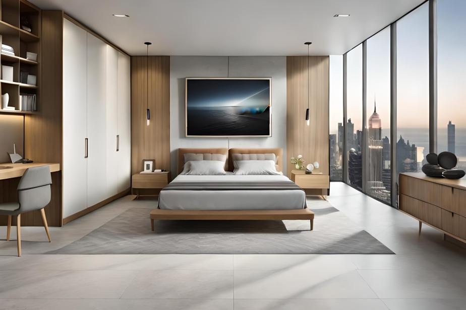Modern bedroom with large ceramic tiles