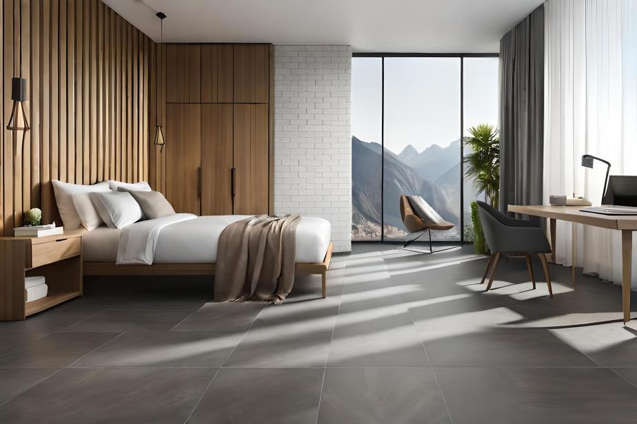 Bedroom with vinyl tiles mimicking slate