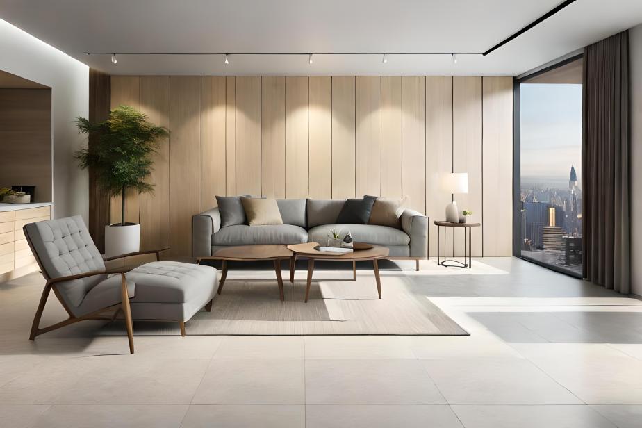 Minimalist living room with large ceramic tiles