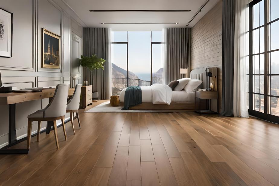 Traditional bedroom with wood-look porcelain tilesTitle: Traditional Porcelain Tile Bedroom
