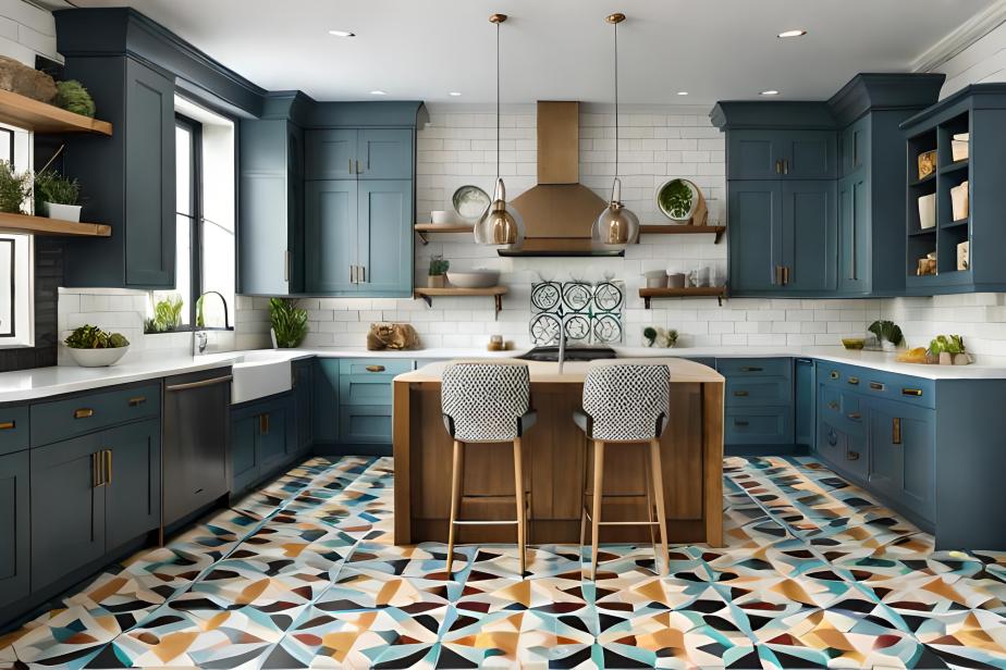 Patterned tiles in a vibrant kitchen with white cabinets