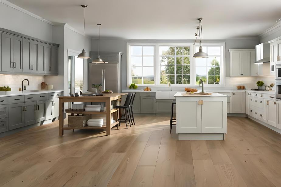 Wood-look tiles in a cozy kitchen with white cabinets