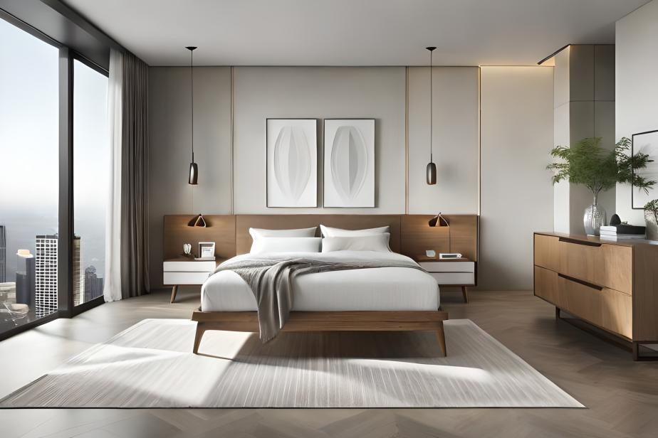 Minimalist bedroom with neutral tones and wooden accents.