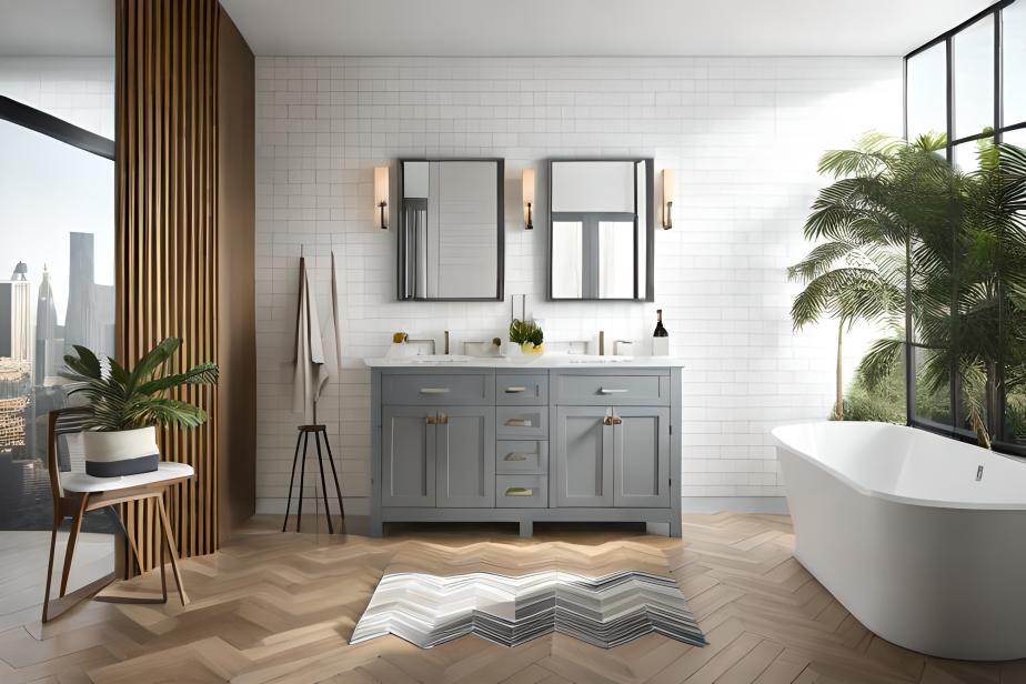 Close-up of a bathroom vanity with integrated sink and minimalistic design.