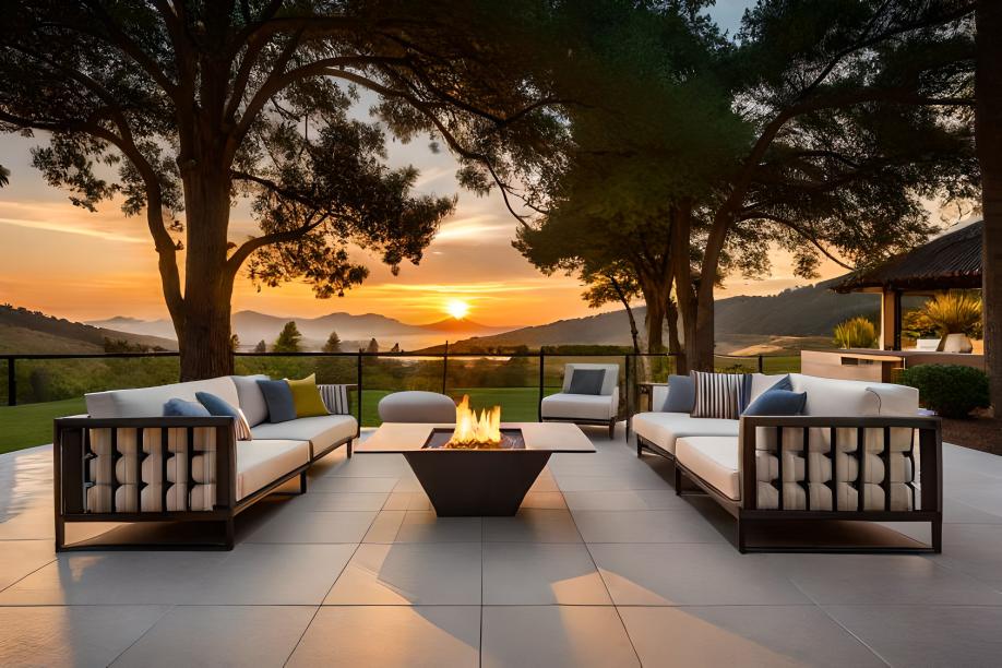A stylish natural gas fire pit glowing warmly on a patio at dusk.