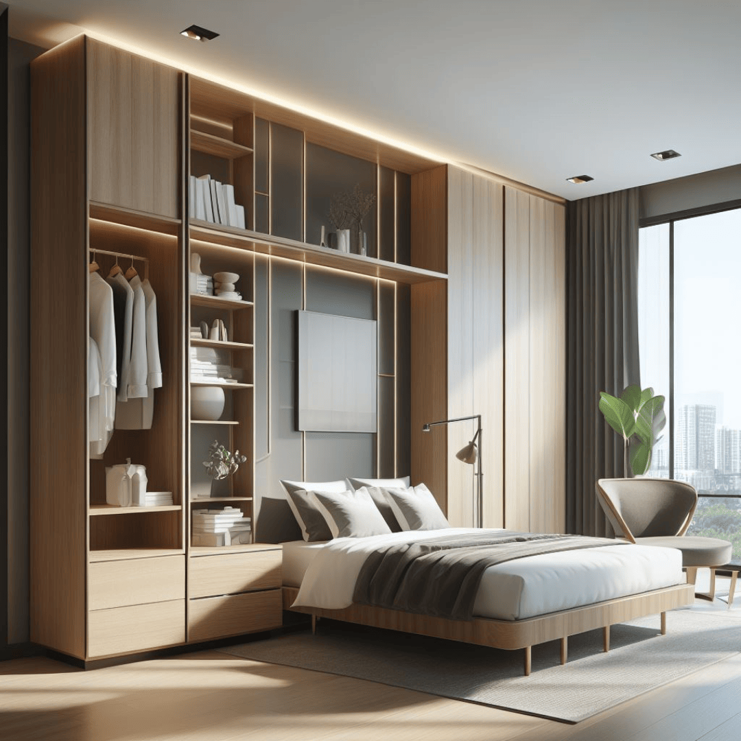 Luxurious bedroom with tall wooden shelving and city views.