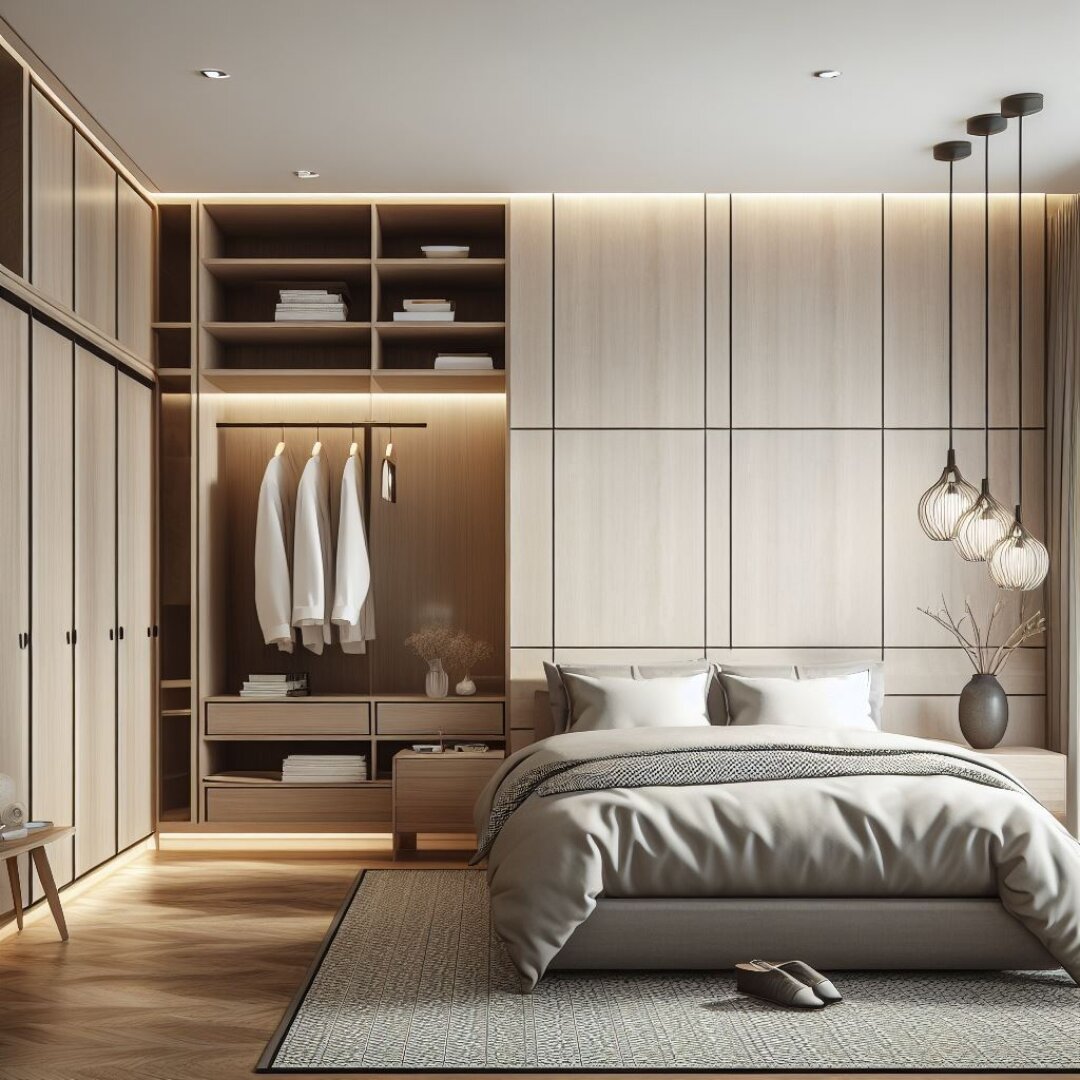 Bedroom with wooden cabinetry and open shelving.