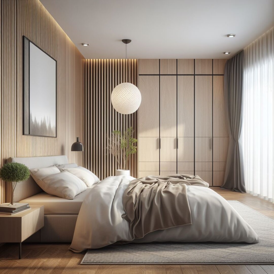 Elegant bedroom with wooden wall accents and soft lighting.