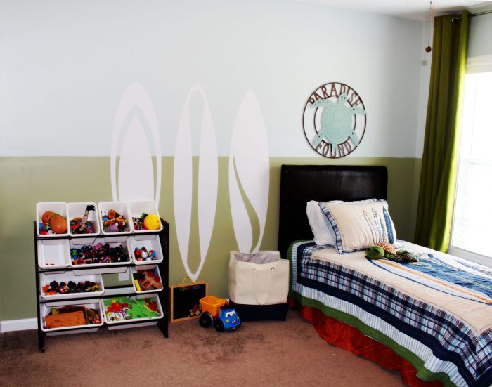 surfer-themed boys' bedroom sets with wave murals