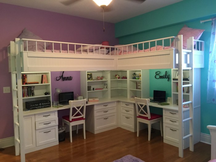 white bedroom set with a lofted workspace