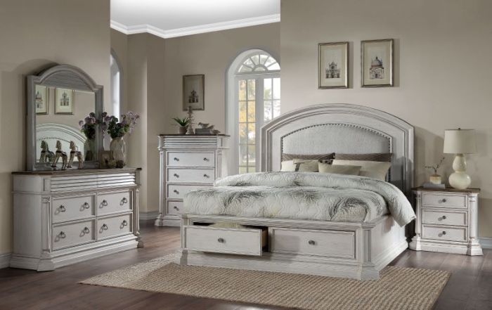 white bedroom set with velvet accents