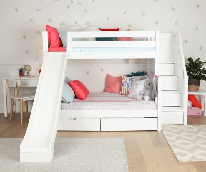 white bedroom set with a detachable bunk bed