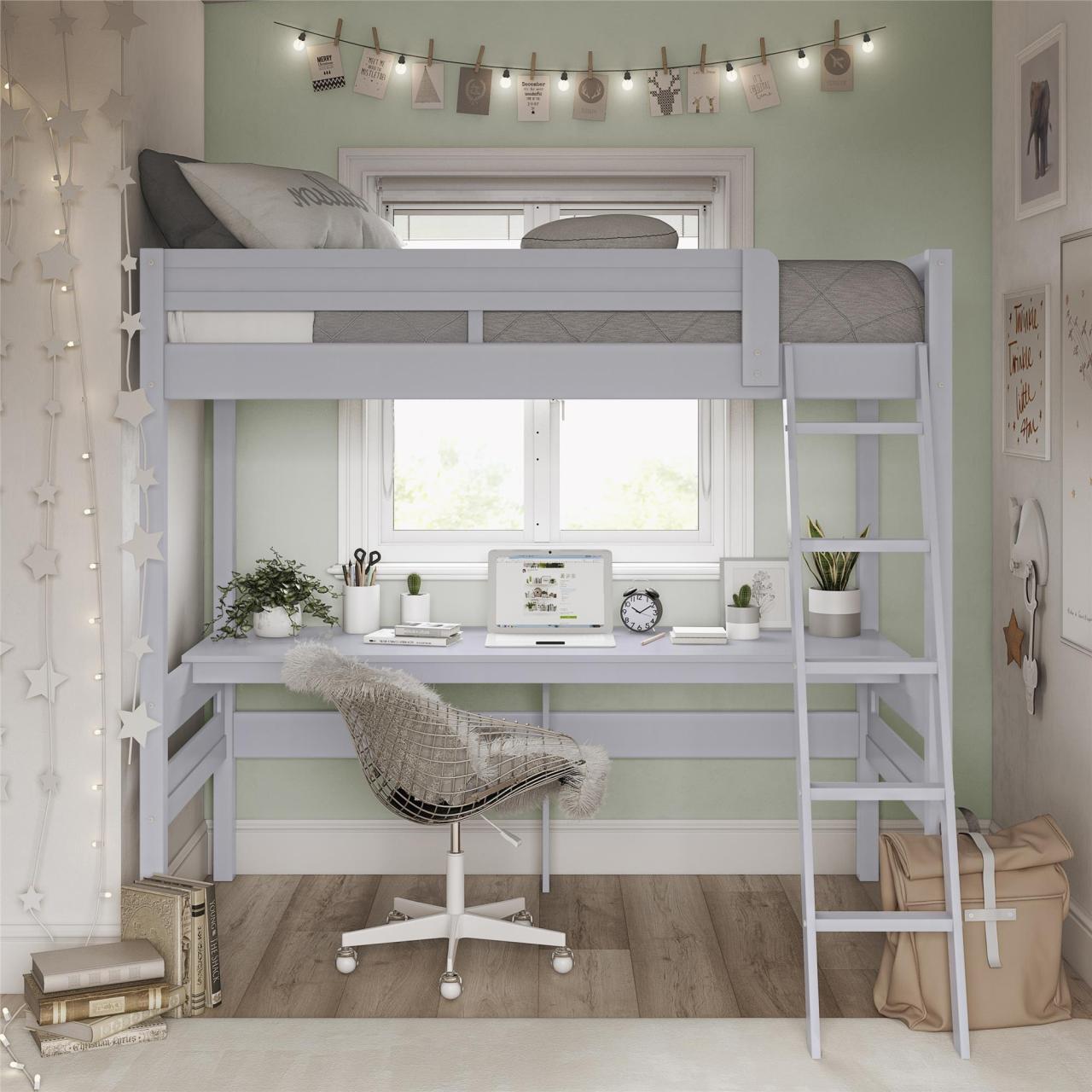 white bedroom set with a lofted workspace