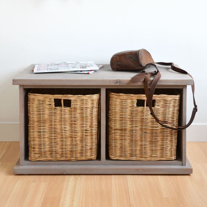 bedroom storage bench with wicker baskets for rustic charm