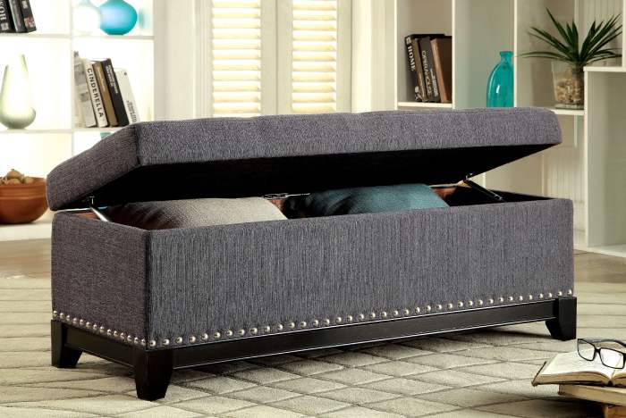 bedroom storage bench with embroidered fabric for detailed design