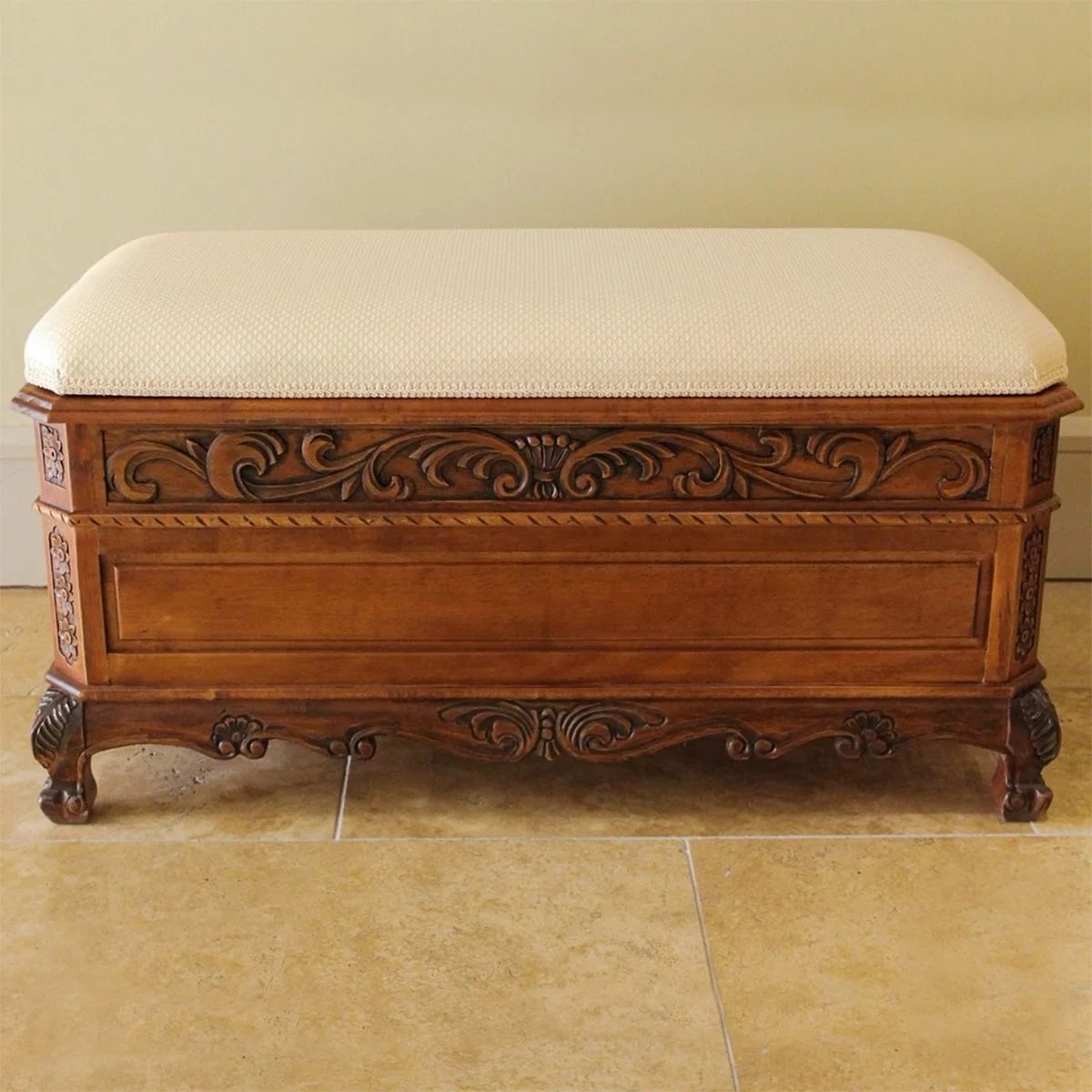 bedroom storage bench with distressed finish for vintage look