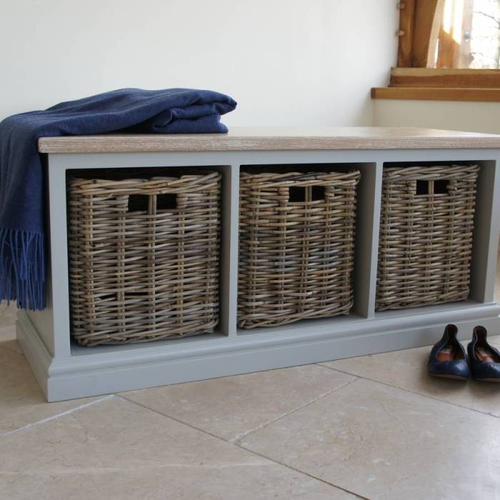 bedroom storage bench with wicker baskets for rustic charm terbaru